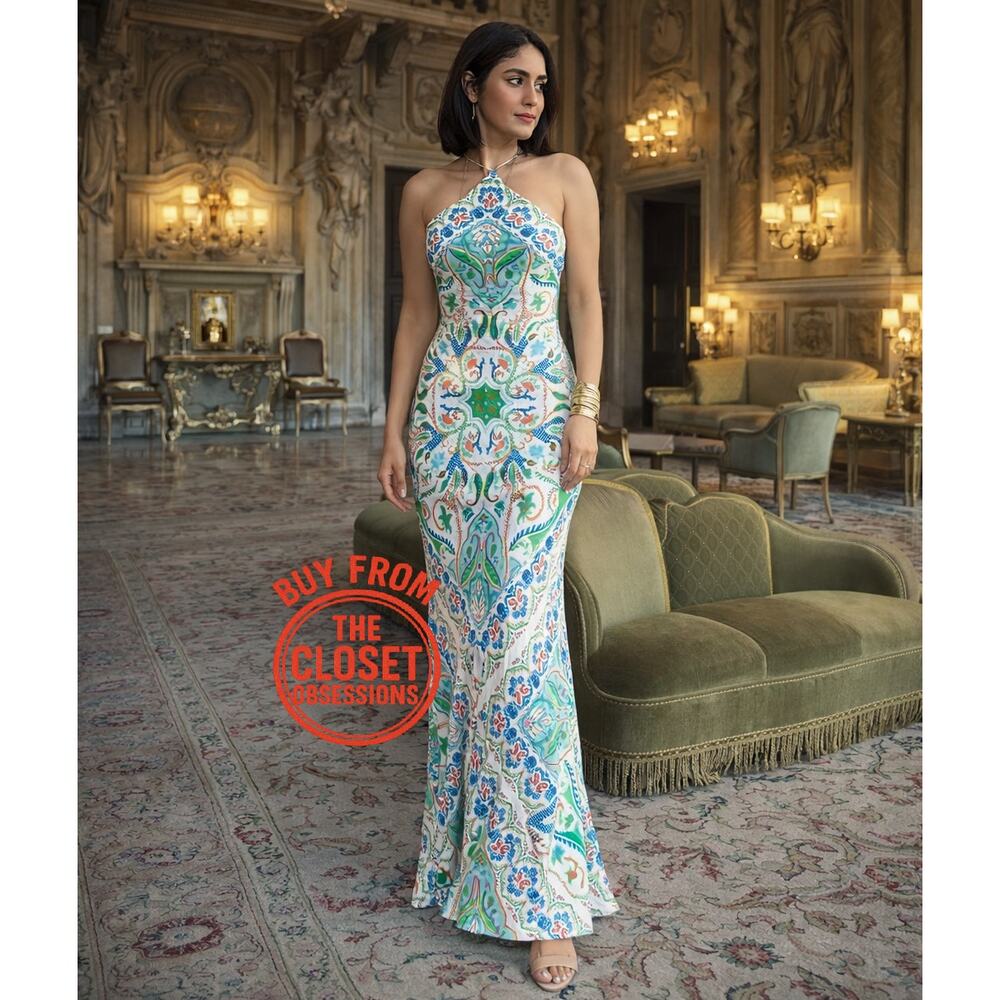 MANGO Paisley Linen Blend Halter Maxi Dress Resort Vacation NWT
